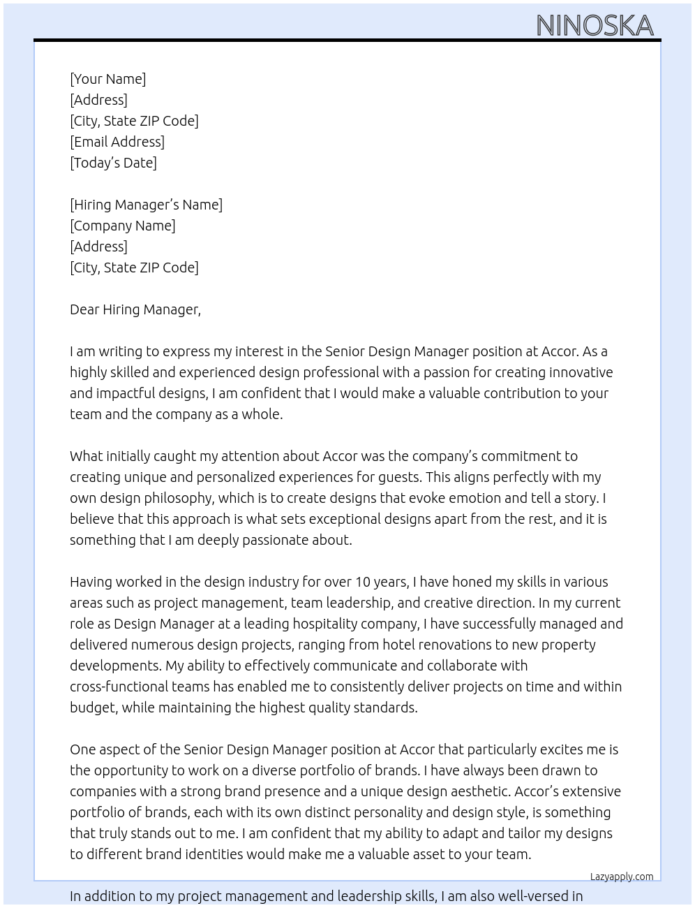 Senior Design Manager At Accor Cover Letter