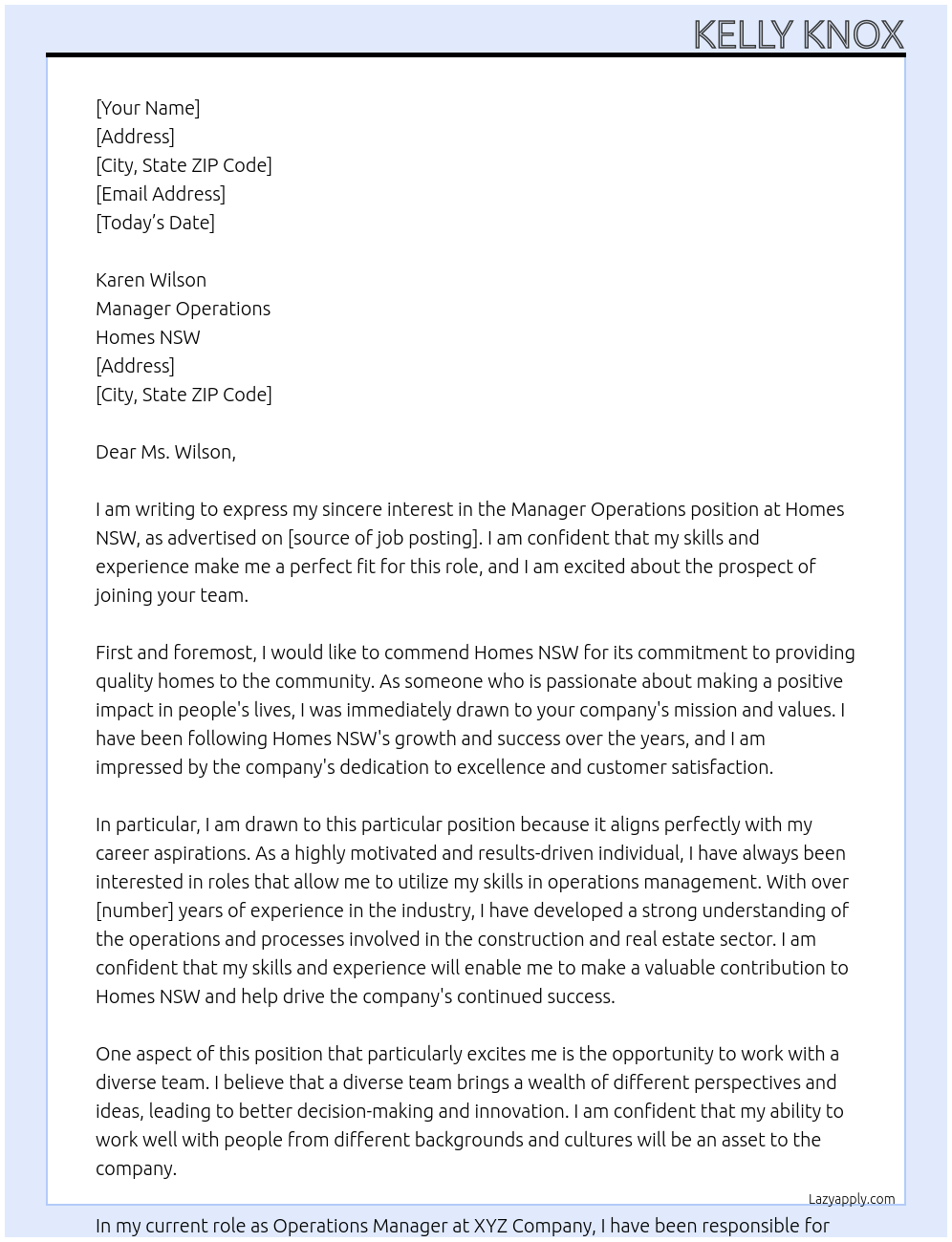 Manager Operations At Homes NSW Cover Letter