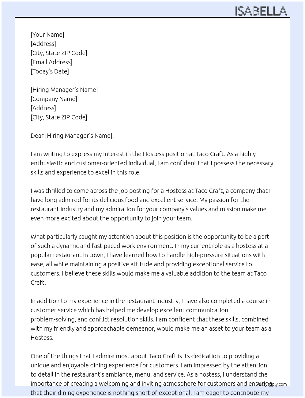 hostess At taco craft Cover Letter