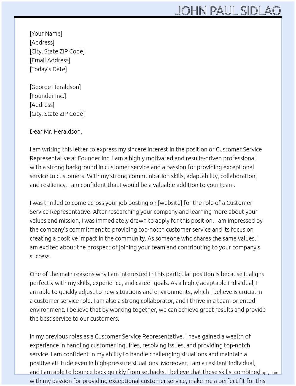 Costumer Service Representative At Founder Inc. Cover Letter