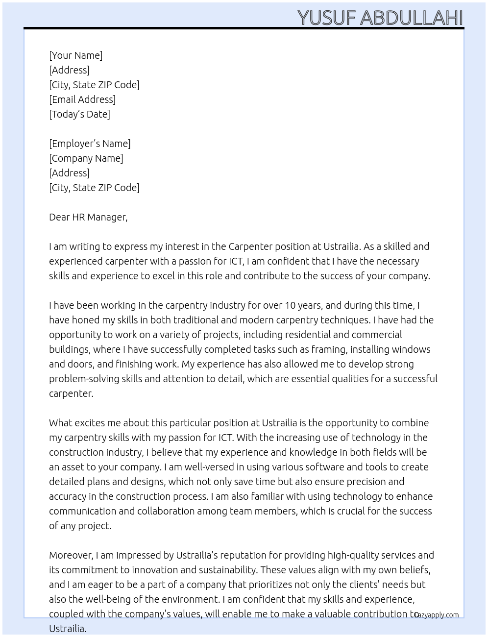 Carpenter  At Ustrailia Cover Letter