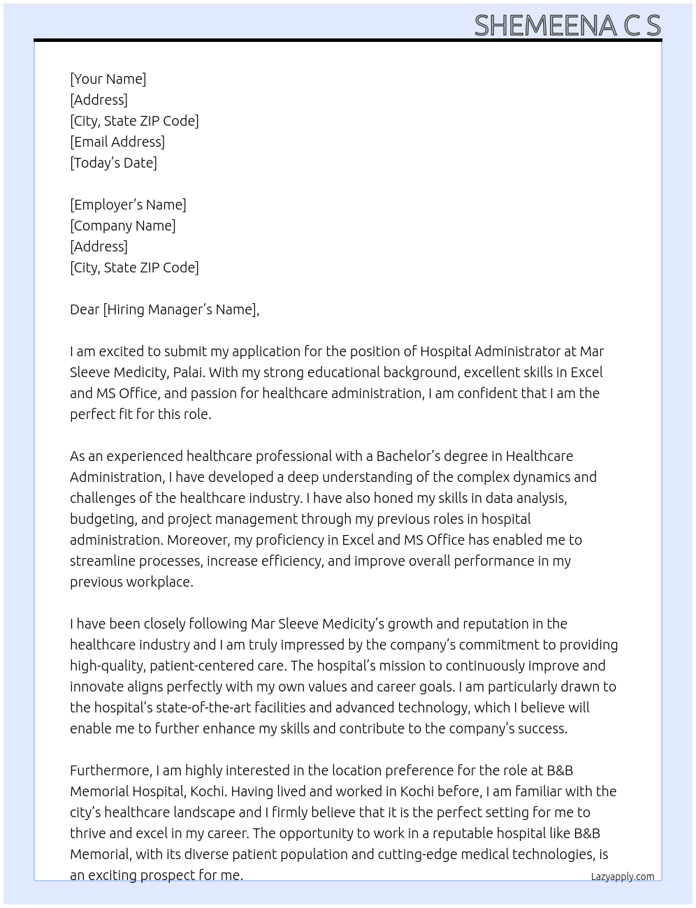 Hospital administrator At Mar sleeve medicity,palai Cover Letter