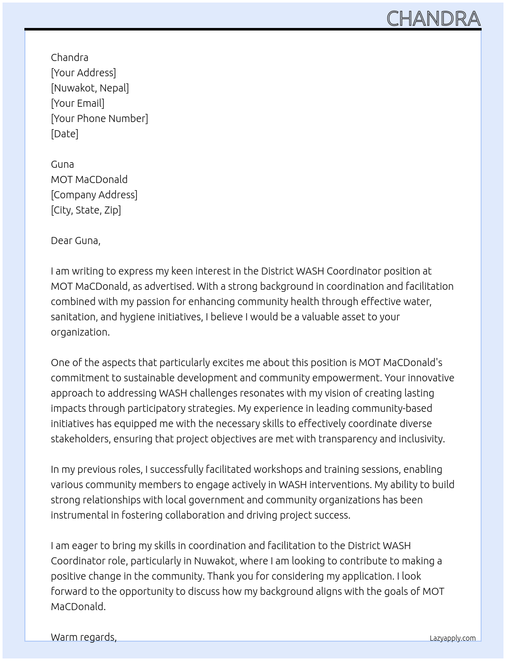 District WASH Coordinator At MOT MaCDonald Cover Letter