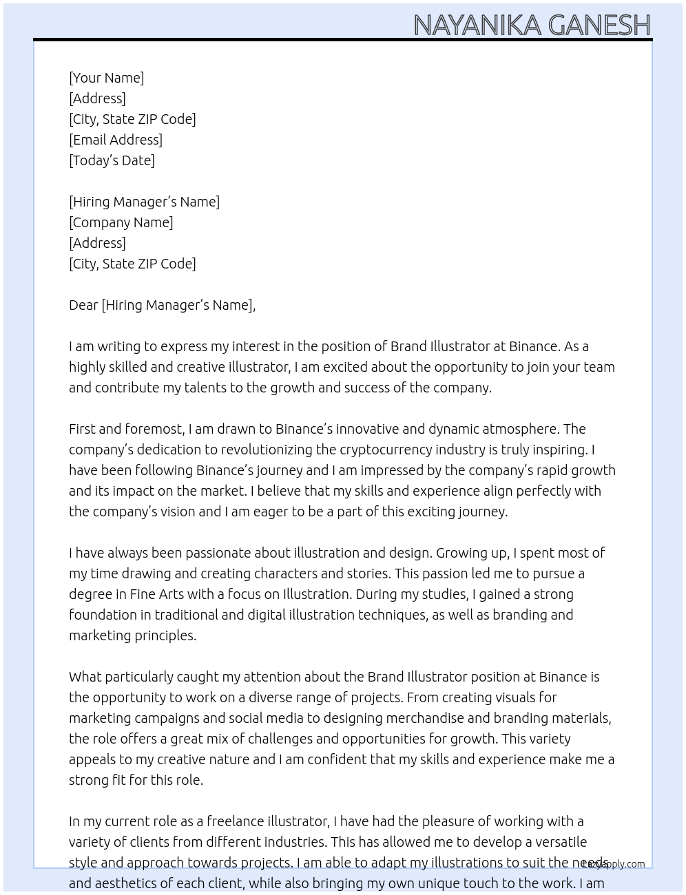 brand illustrator At binance Cover Letter