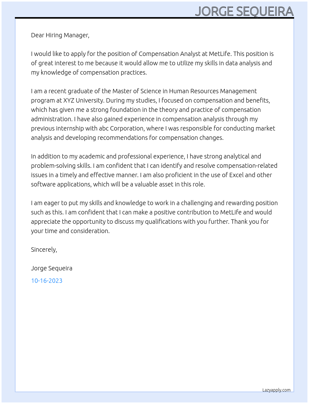 Compensation Analyst At MetLife Cover Letter