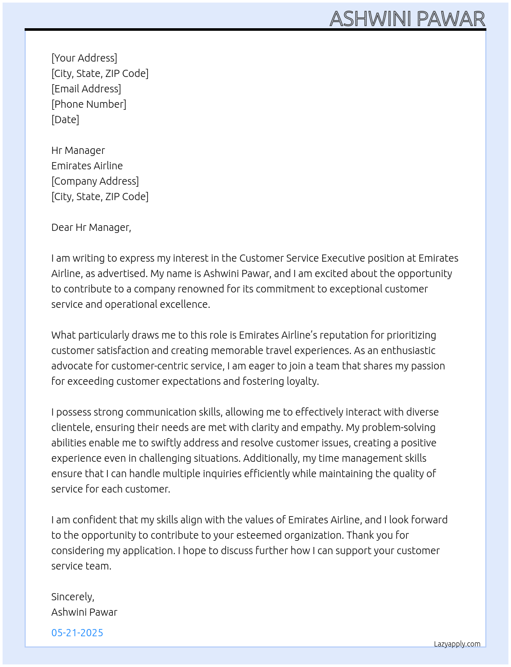 Customer Service Executive At Emirates Airline Cover Letter