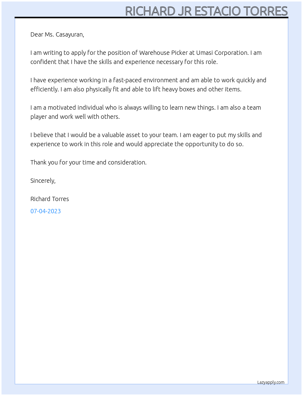 Warehouse Picker At Umasi Corporation Cover Letter