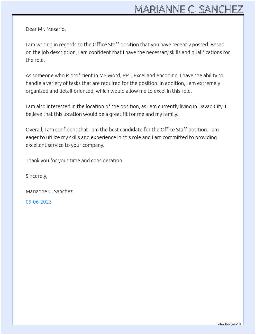 Office Staff At SGS Philippines, INC. Cover Letter