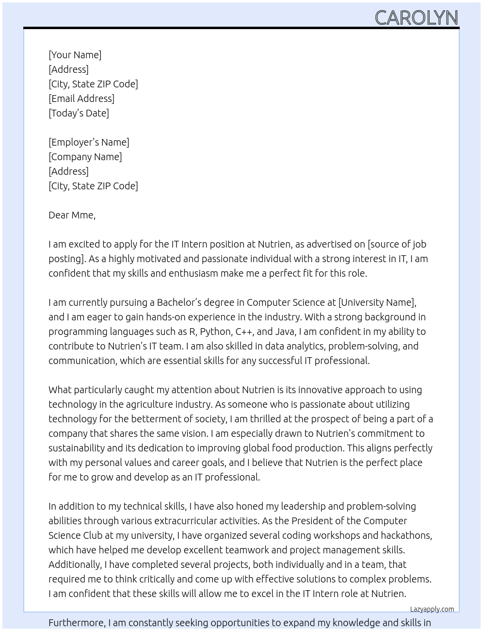 IT Intern At Nutrien Cover Letter