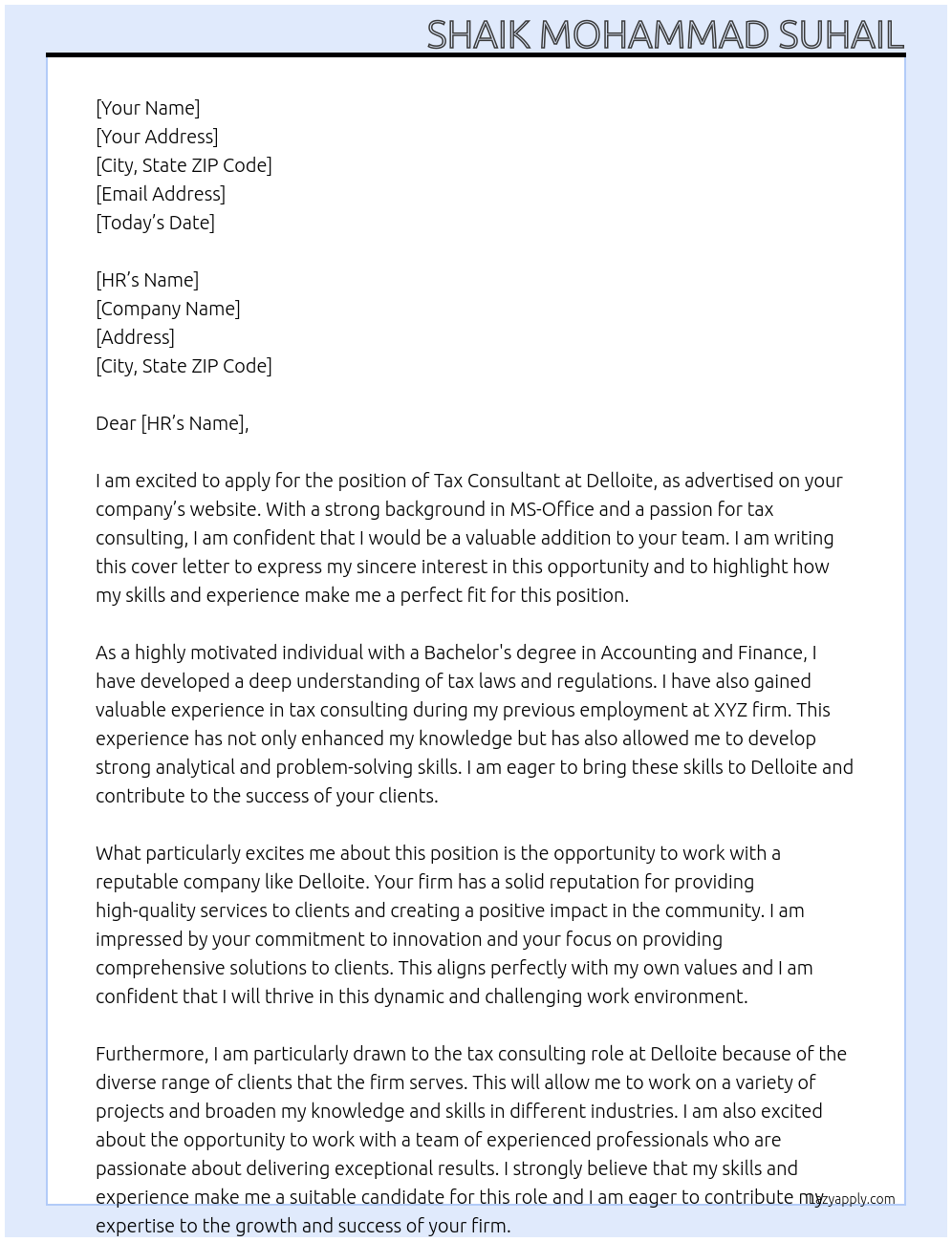 tax consultant At Delloite Cover Letter