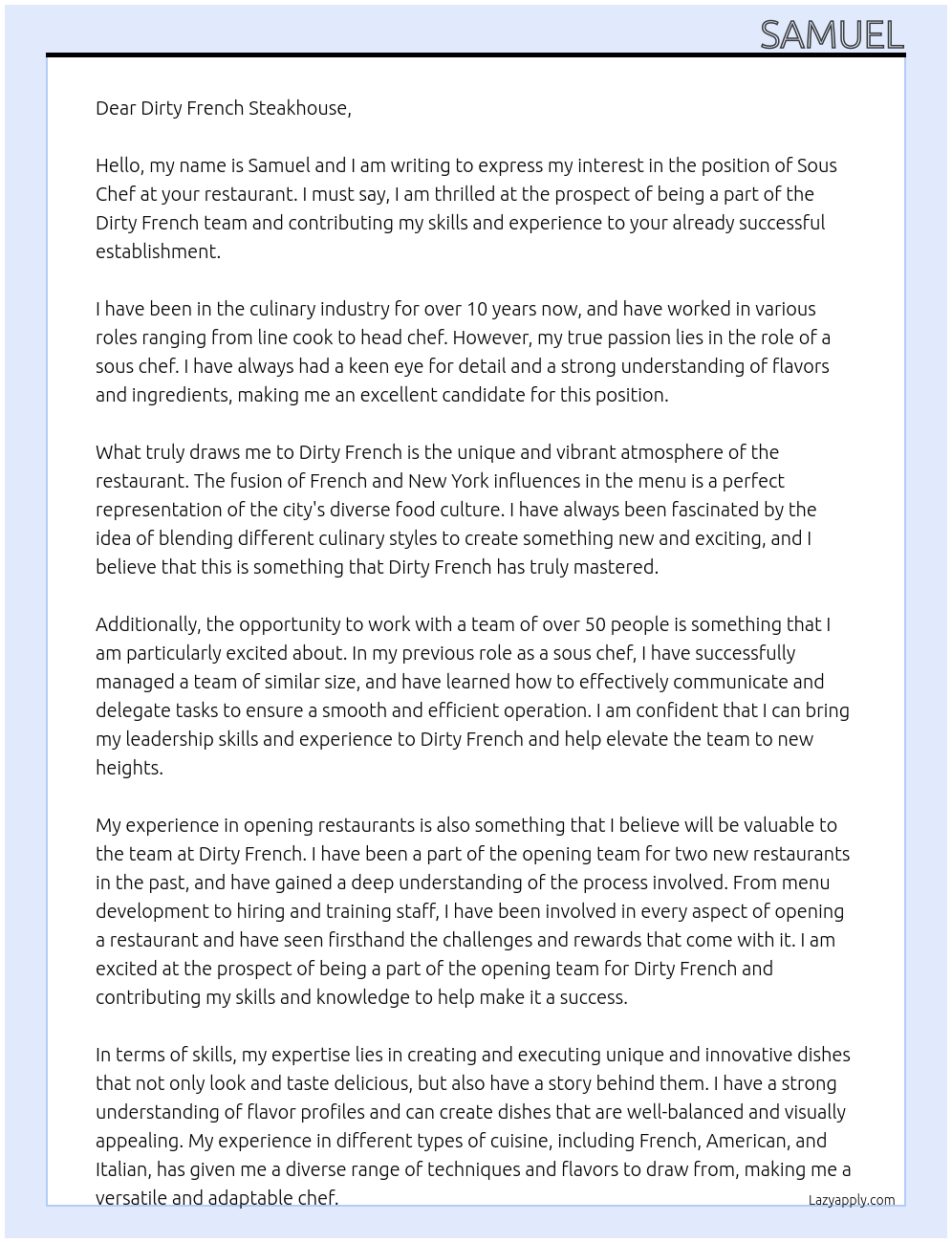 Sous chef  At Dirty French steakhouse Cover Letter