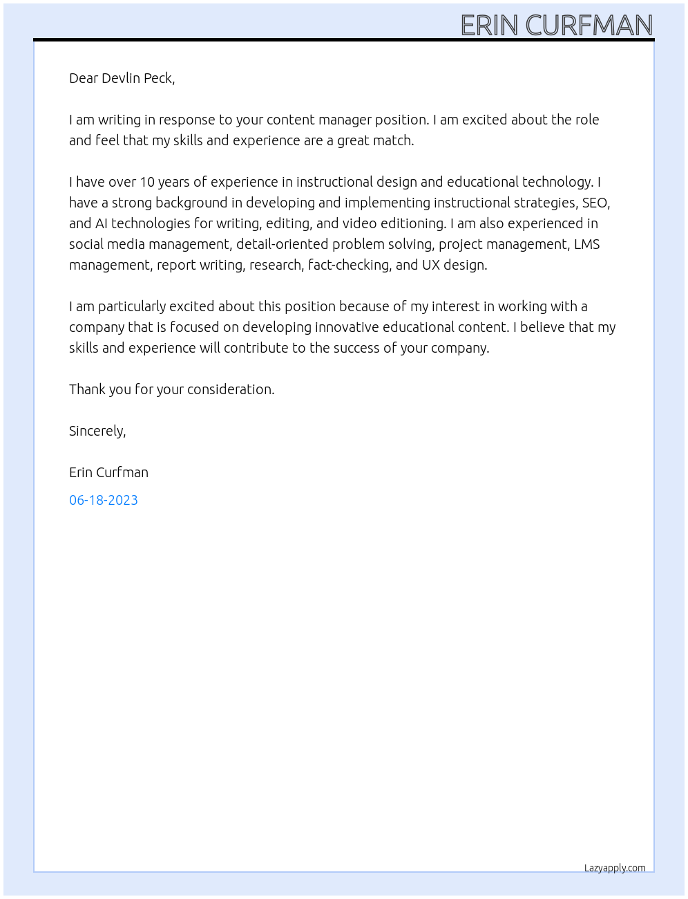 Content Manager At Devlin Peck Cover Letter