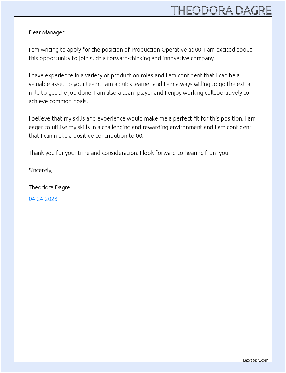 Production operative At 00 Cover Letter