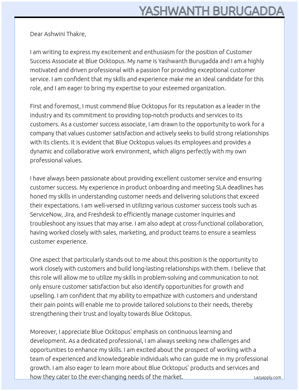 Customer success associate At Blue ocktopus Cover Letter