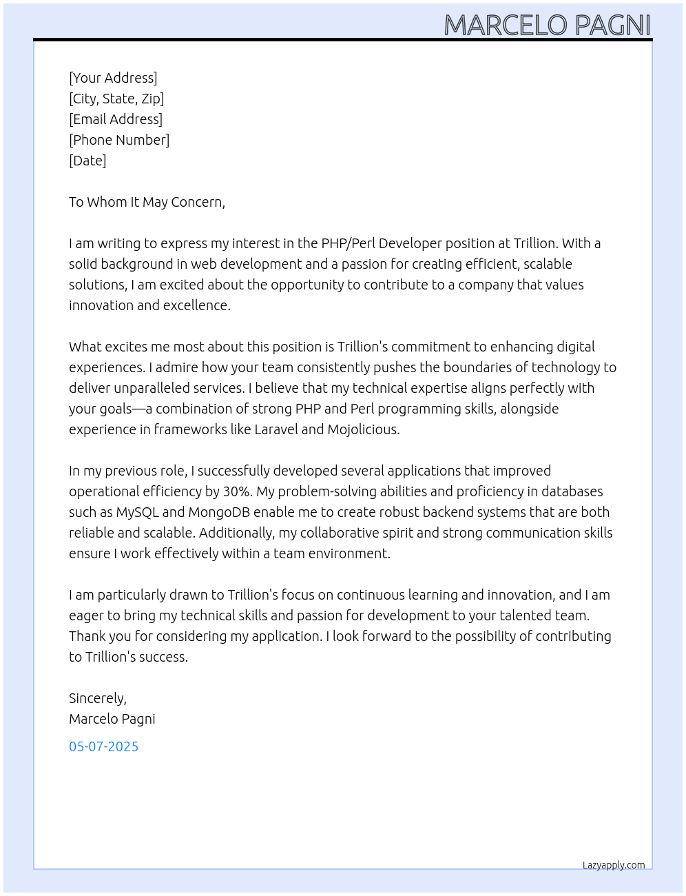 Cover letter for php,perl developer - LazyApply