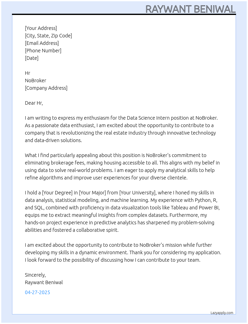 Data Science Intern At NoBroker Cover Letter