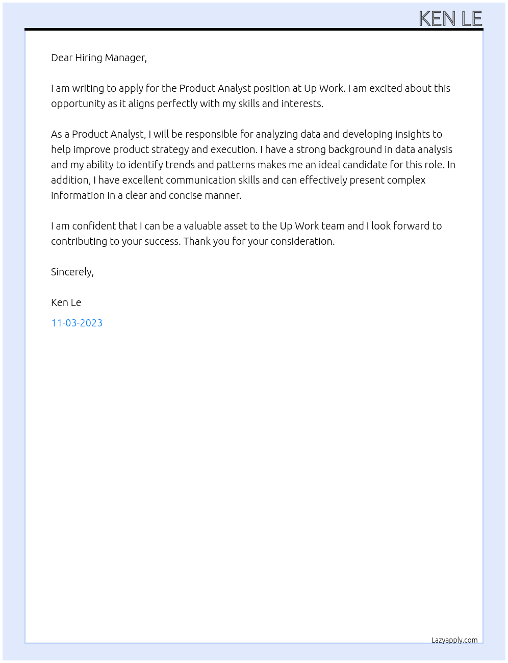Product Analyst At Up Work Cover Letter