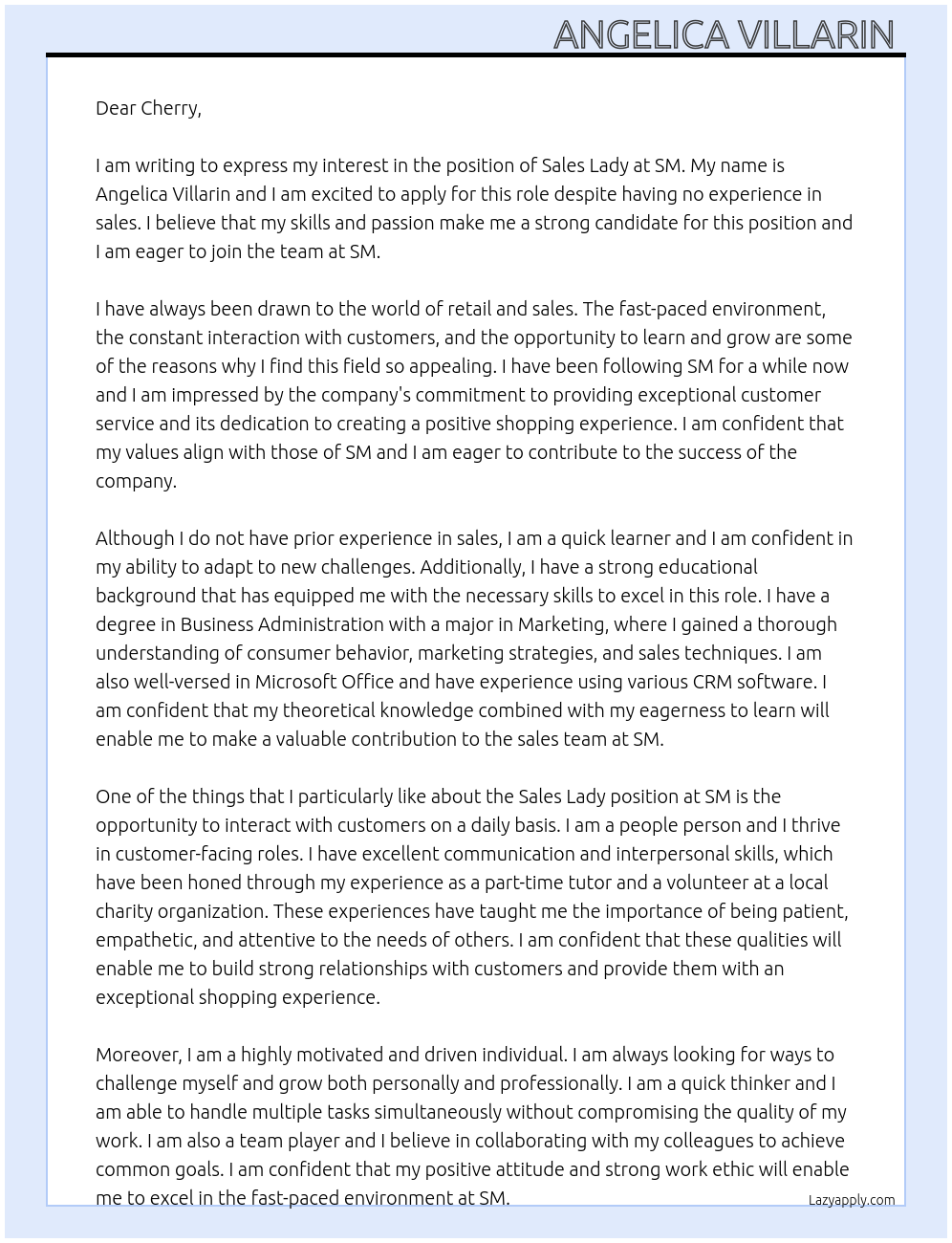 Cover letter for sales lady with no experience - LazyApply