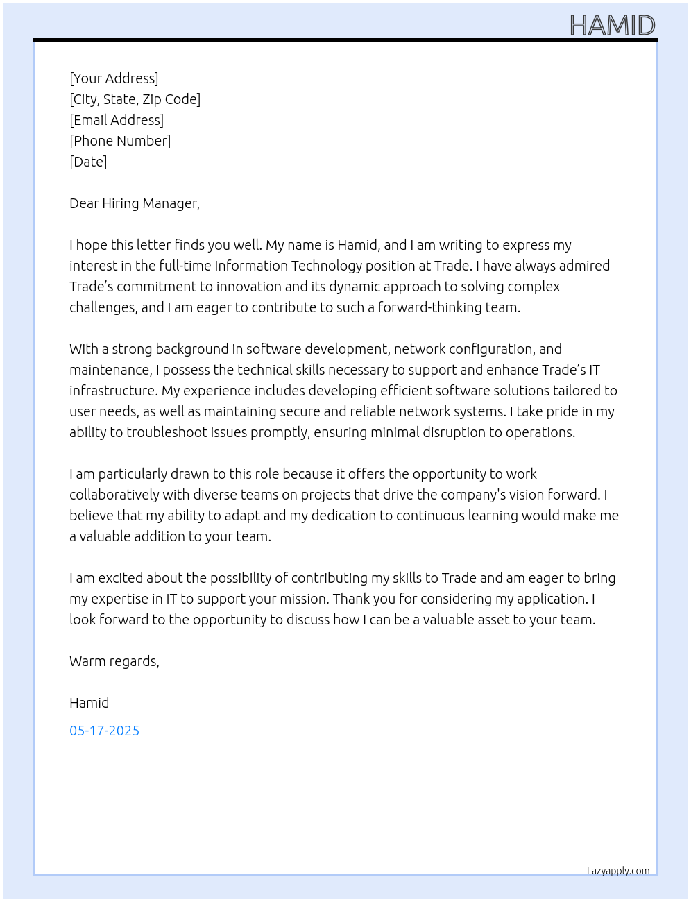 Information Technology At Trade Cover Letter