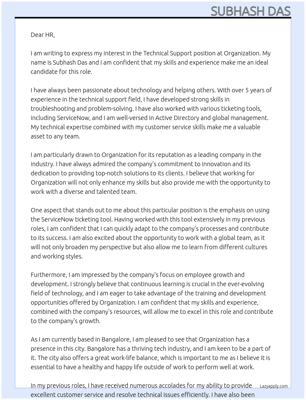 Technical support At Organization Cover Letter