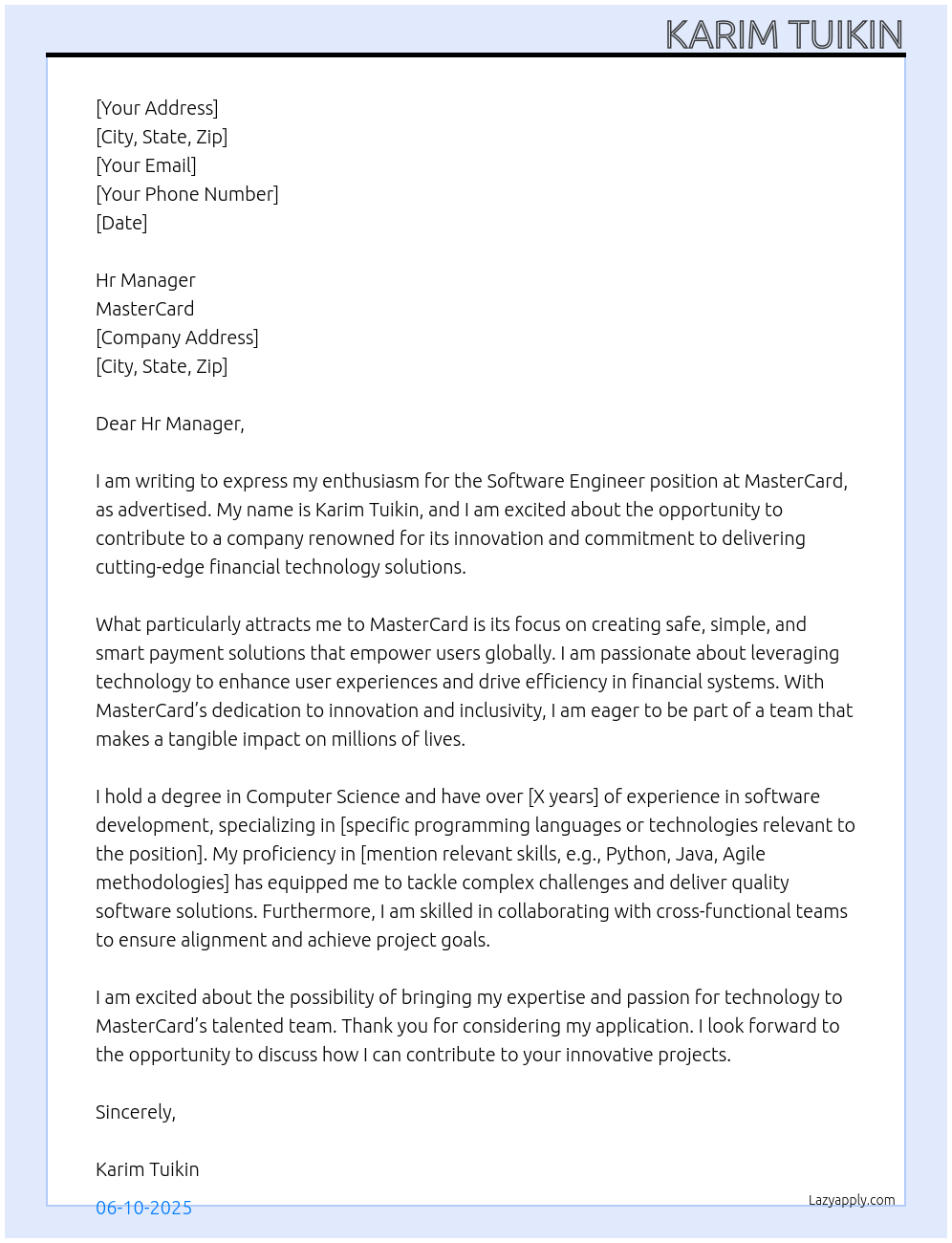 Software Engineer At Master Card Cover Letter