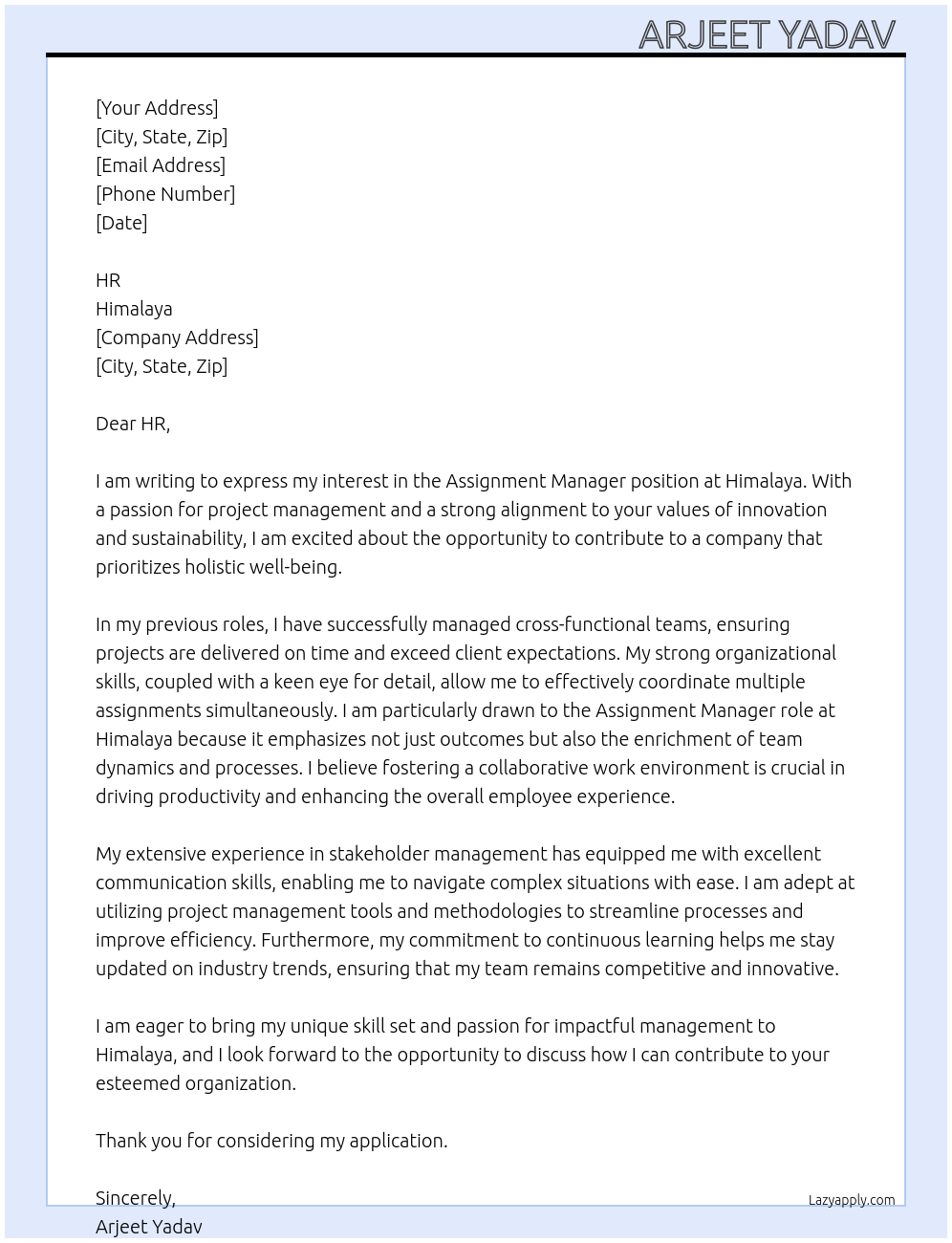 Cover letter for assignment manager - LazyApply