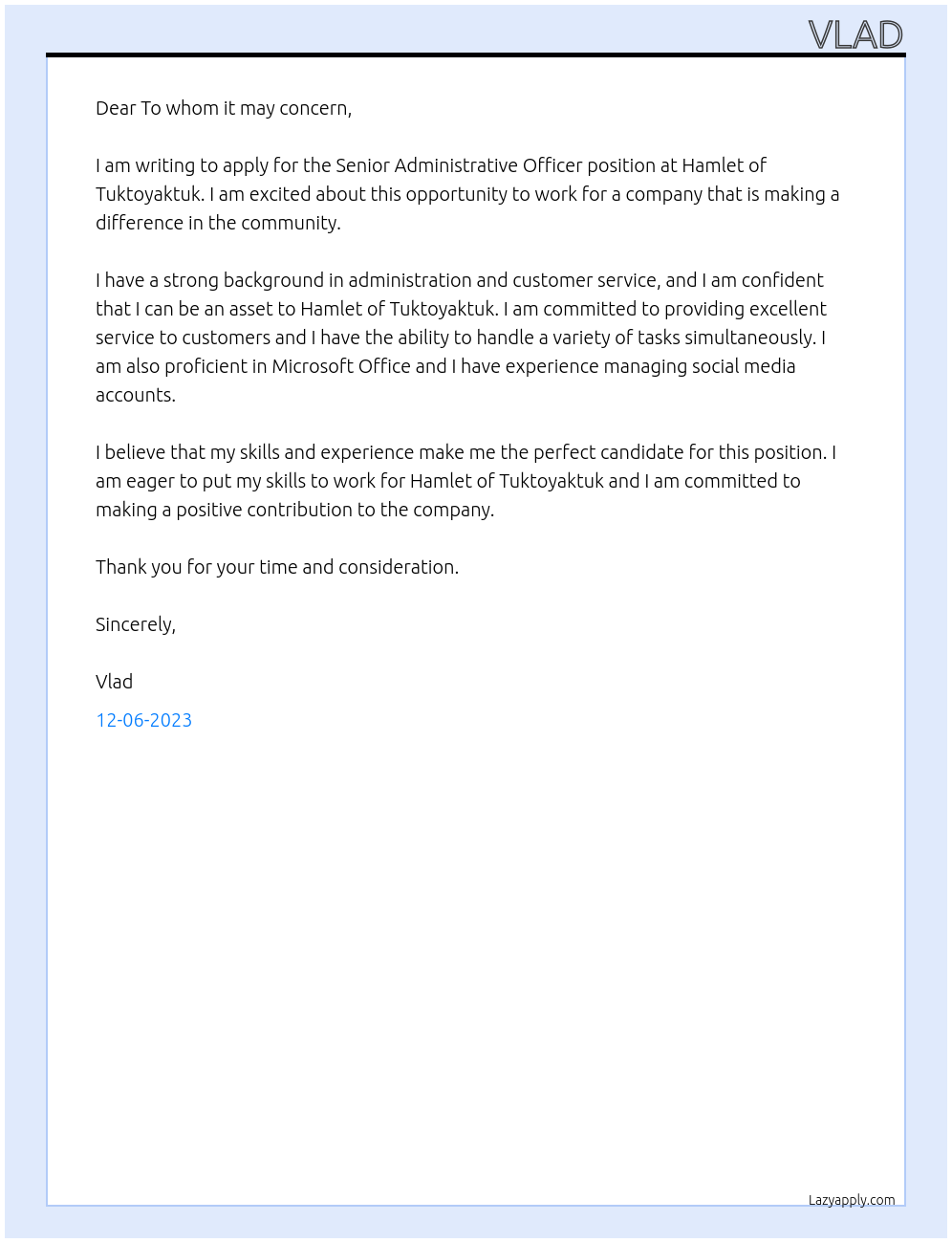 Senior Administrative Officer At Hamlet of Tuktoyaktuk Cover Letter