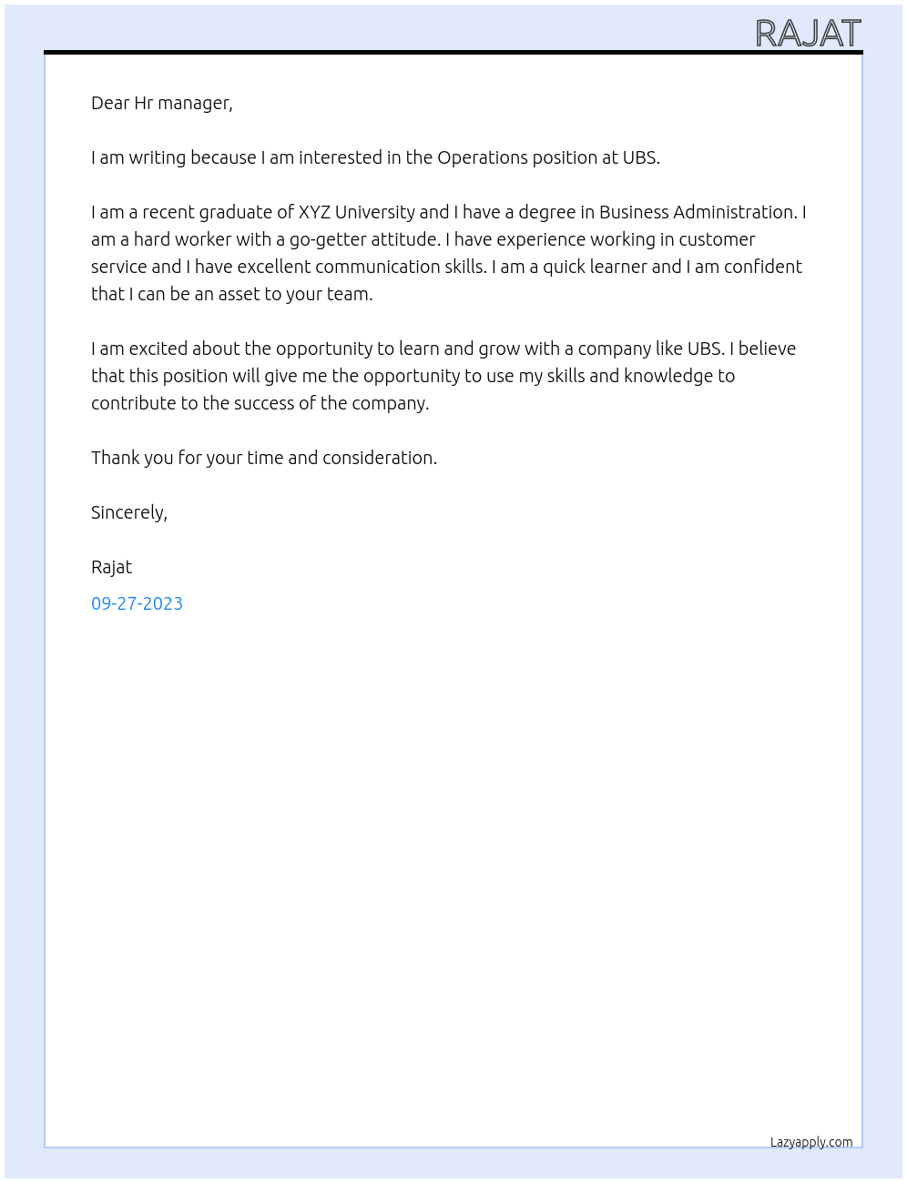 Operations  At UBS Cover Letter