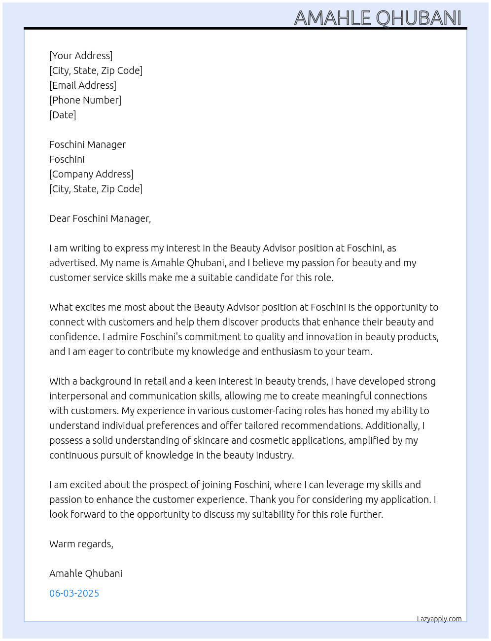 Beauty advisor At Foschini Cover Letter