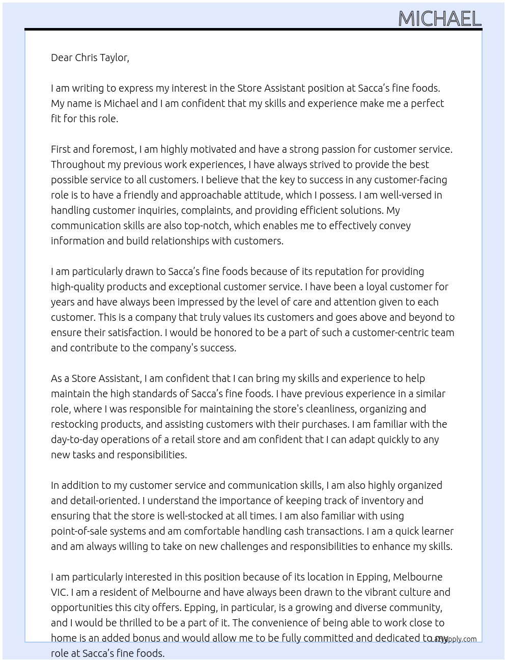 Store assistant At Sacca’s fine foods Cover Letter