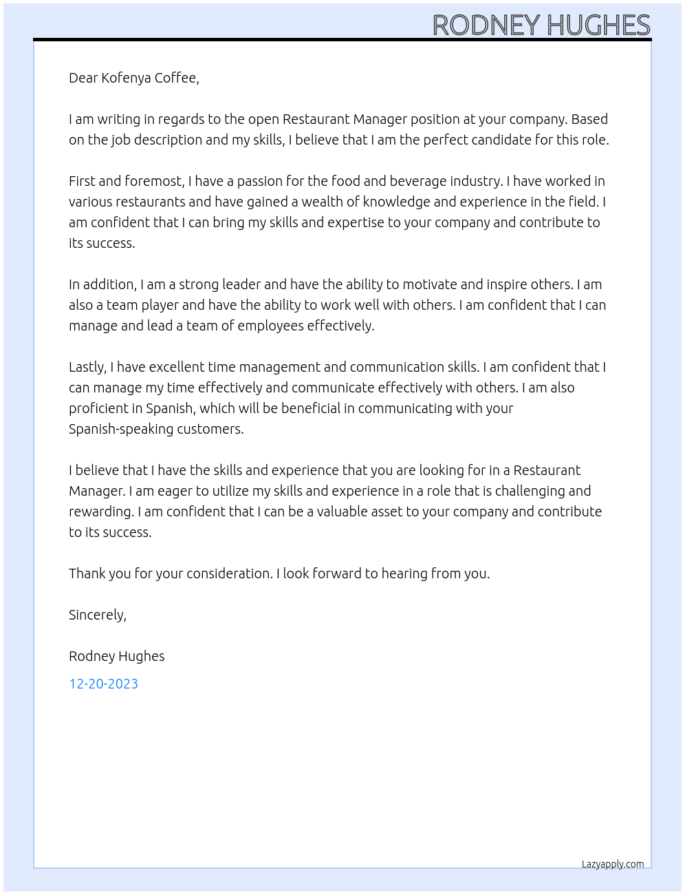 Restaurant Manager At Kofenya Cover Letter