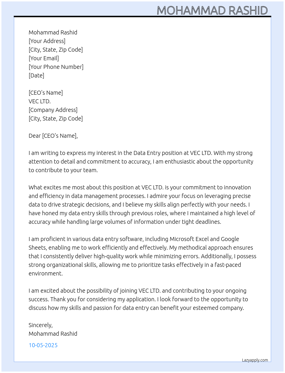 Data entry At VEC LTD. Cover Letter