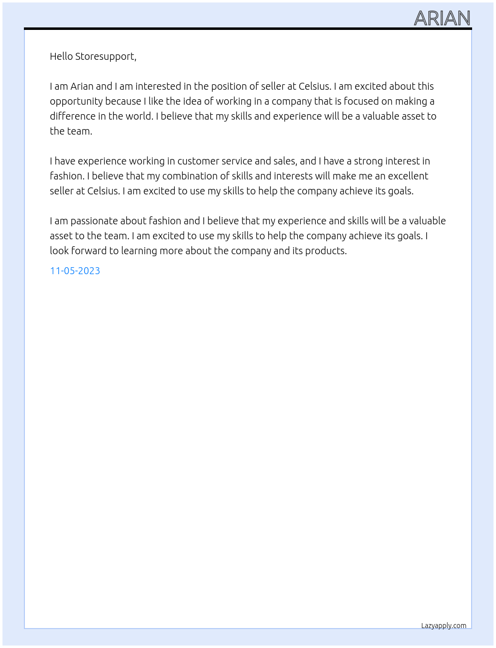 seller At Celsius Cover Letter