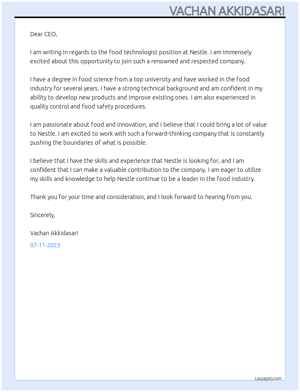 food technologist  At nestle Cover Letter