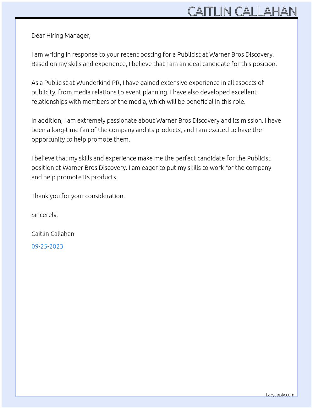 Publicist  At Warner Bros Discovery Cover Letter