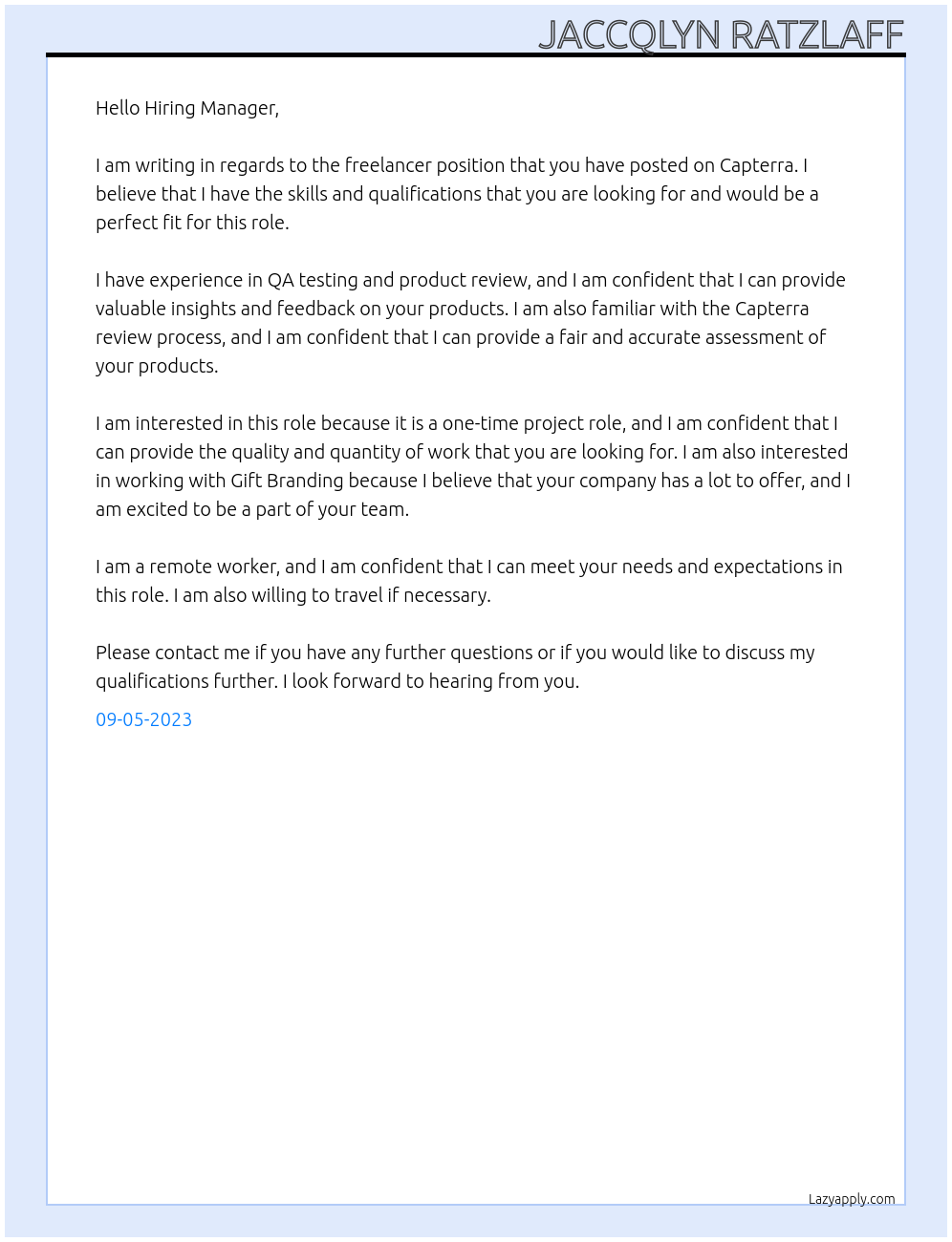 Freelancer At Gift Branding Cover Letter