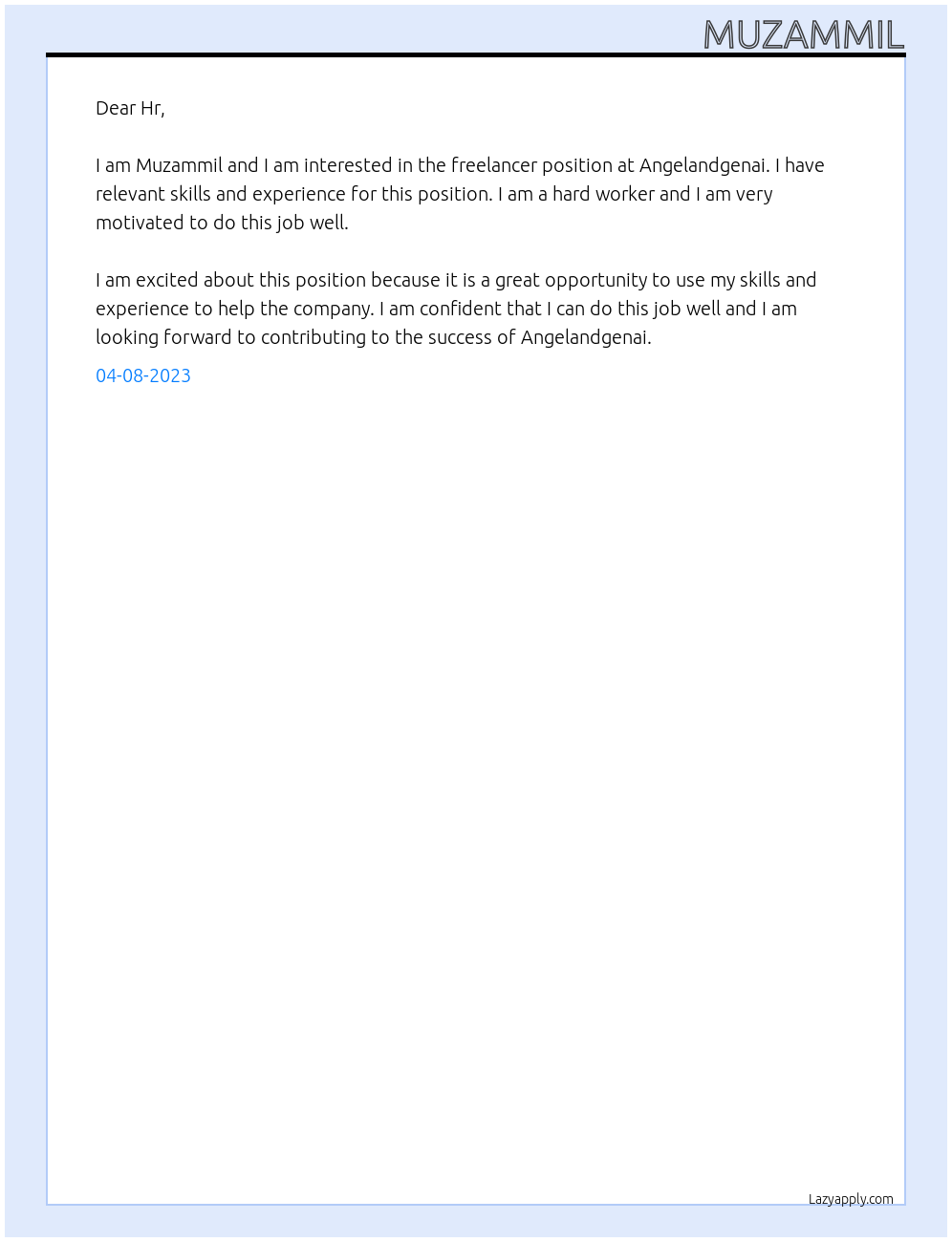 Freelancer At Angelandgenai Cover Letter