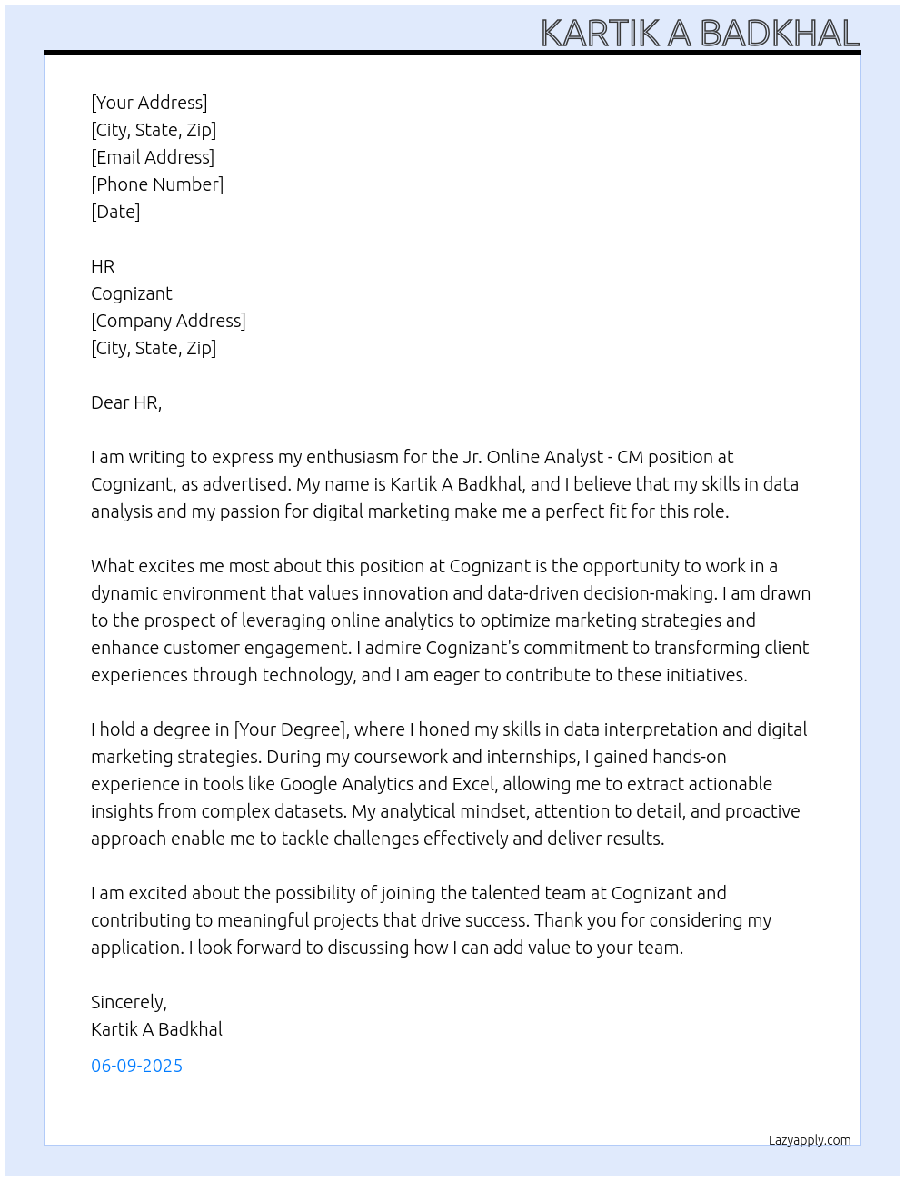 Jr. Online Analyst - CM At Cognizant Cover Letter