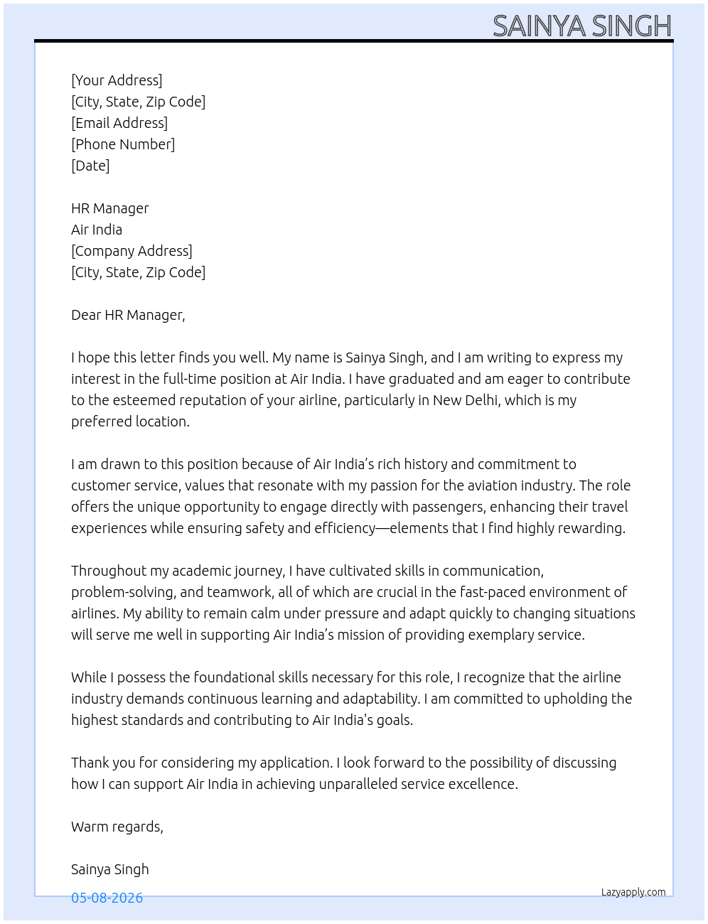 Airlines At Air India Cover Letter