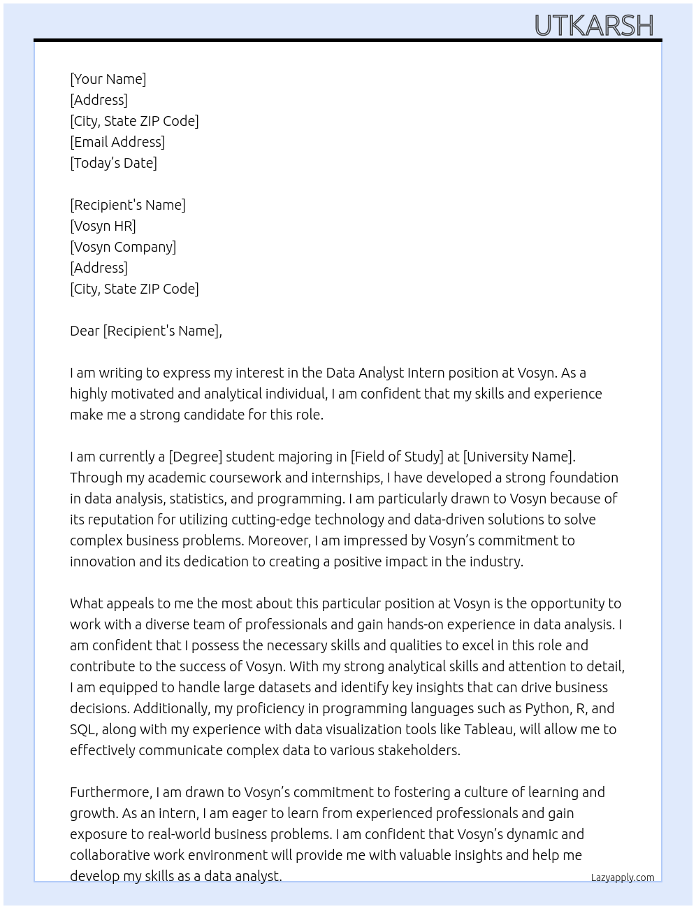 data analyst intern At vosyn Cover Letter