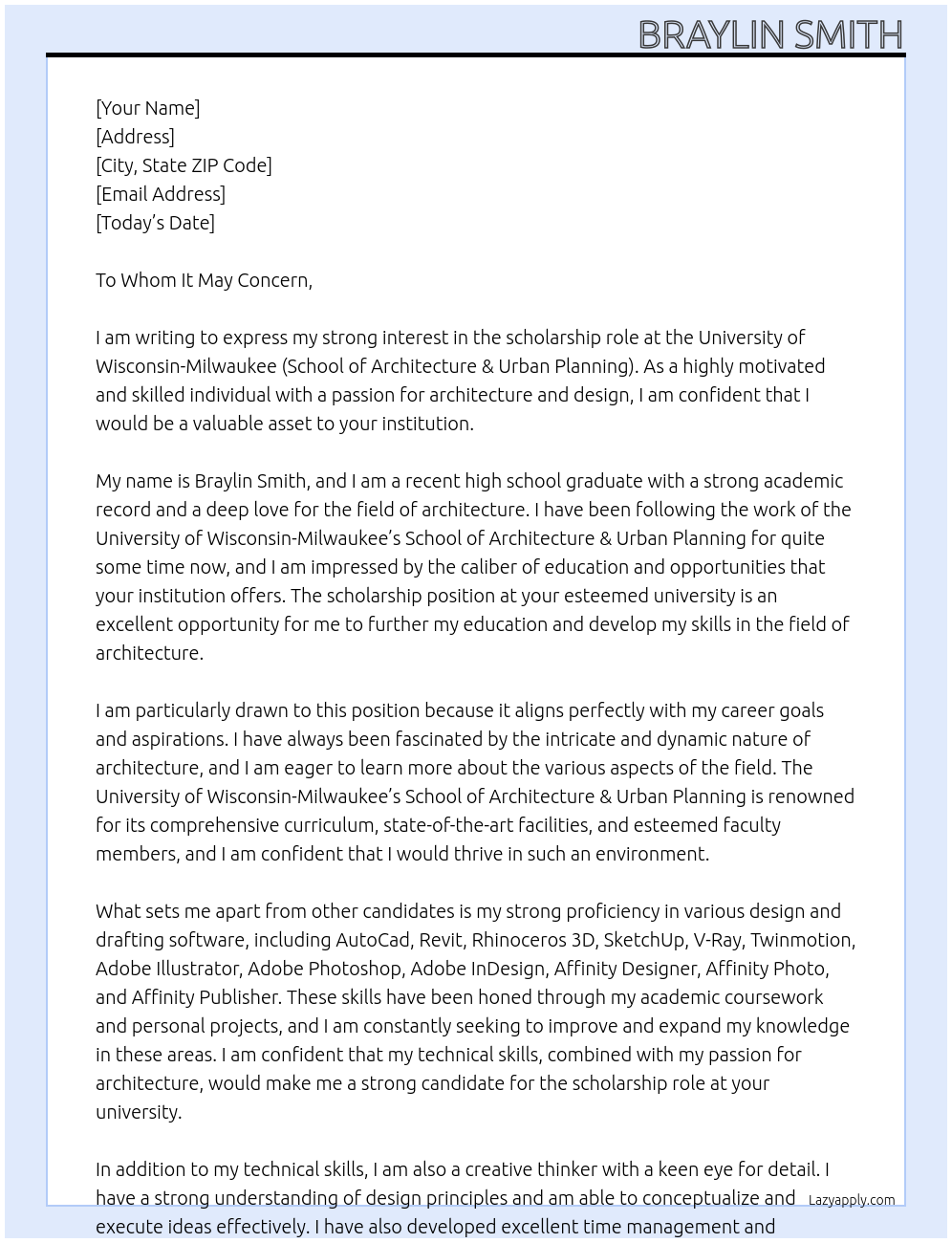 Scholarship At University of Wisconsin-Milwaukee (School of Architecture & Urban Planning) Cover Letter