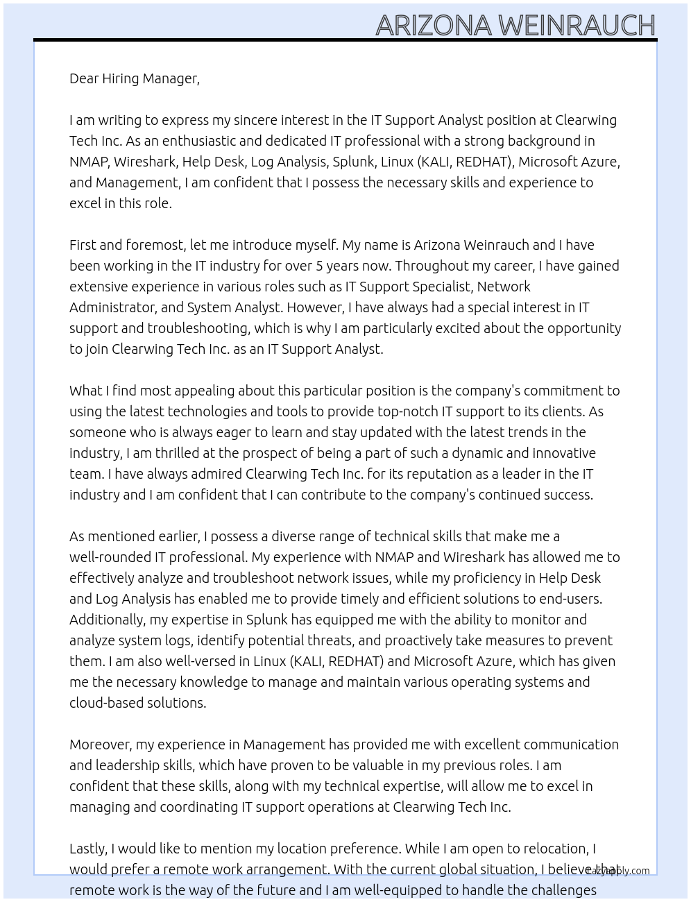 IT Support Analyst At Clearwing Tech Inch Cover Letter