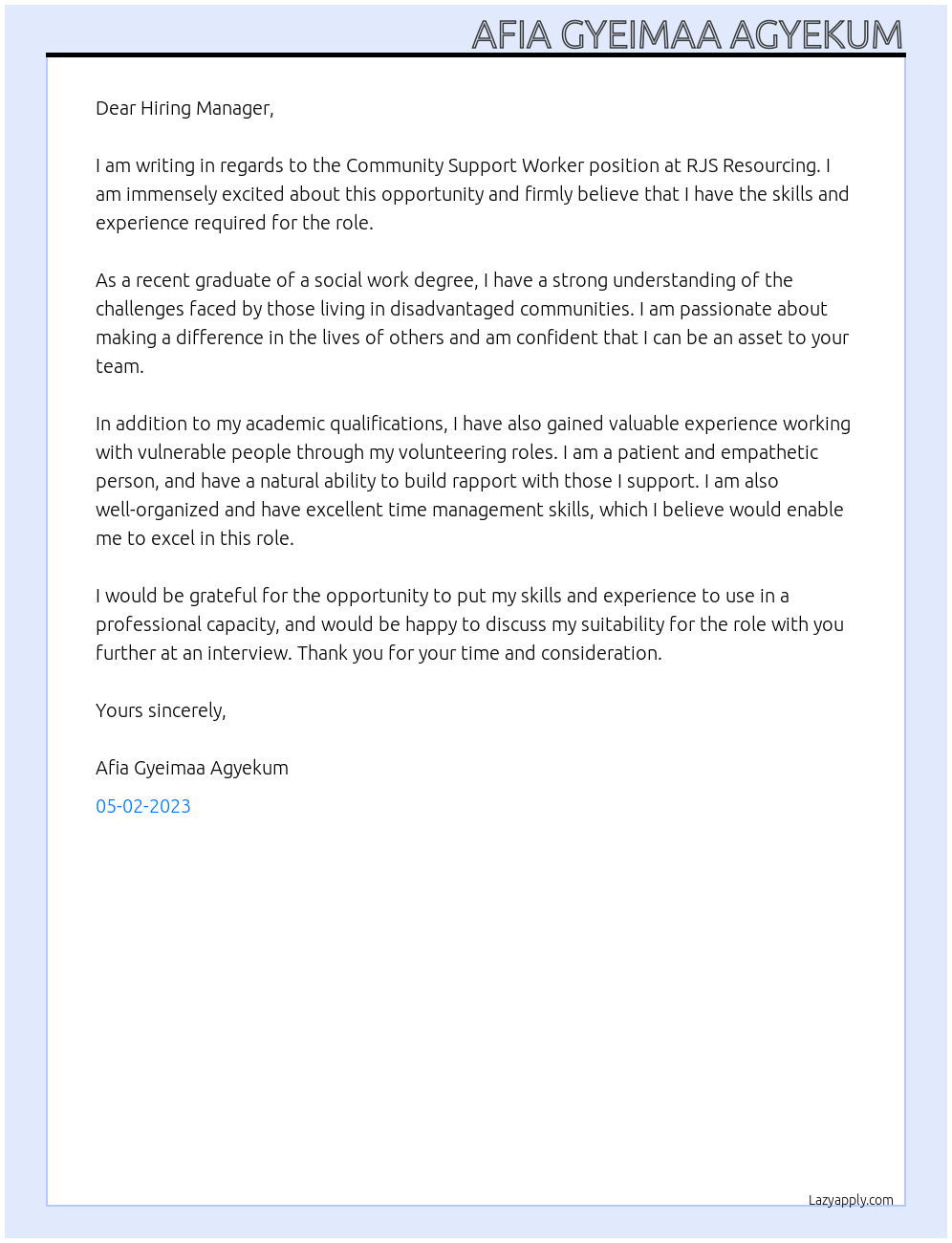 Community Support Worker At RJS Resourcing Cover Letter