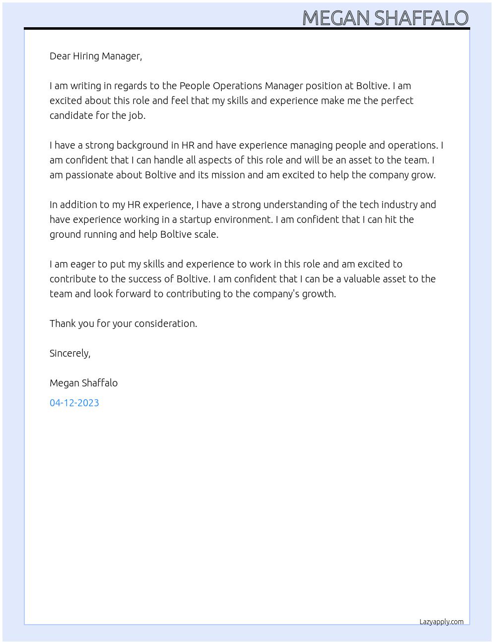 People Operations Manager At Boltive Cover Letter