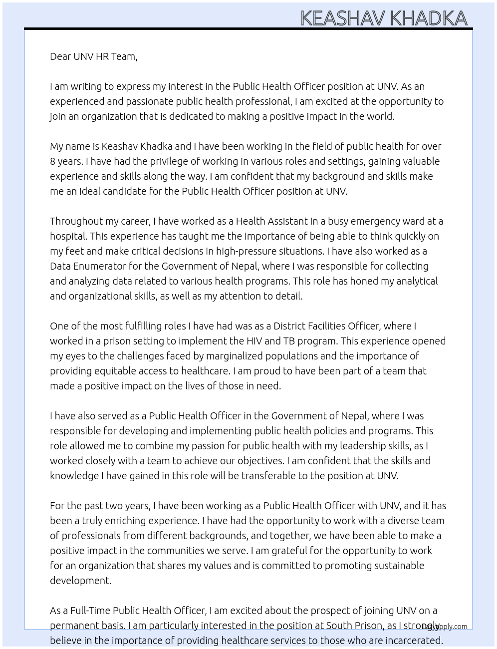 Public health officer At UNV Cover Letter