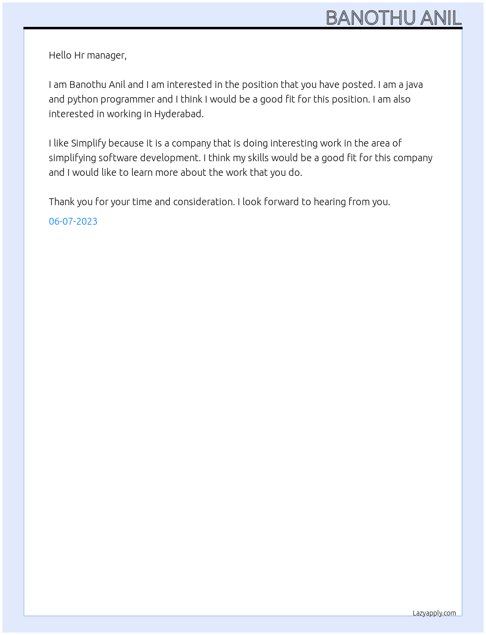 Job At Simplify Cover Letter
