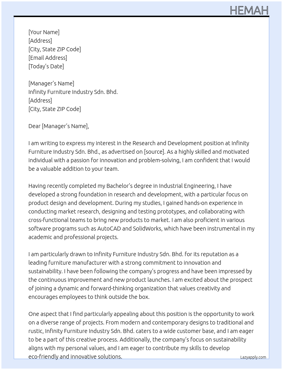 research and development At infinity furniture industry sdn. bhd. Cover Letter