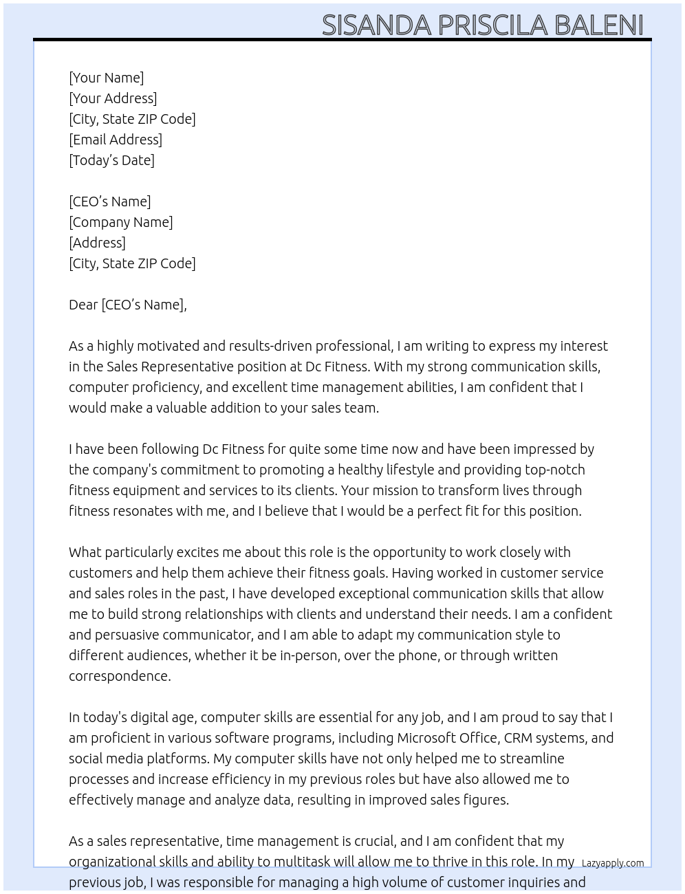 Sales representatives  At Dc fitness  Cover Letter