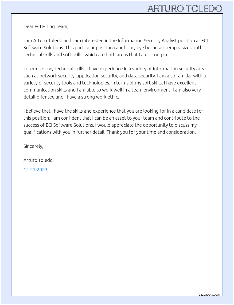 Information Security Analyst At ECI Software Solutions Cover Letter