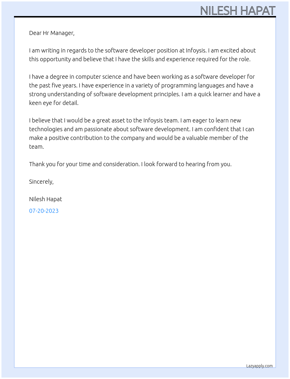 Software devloper At Infoysis Cover Letter